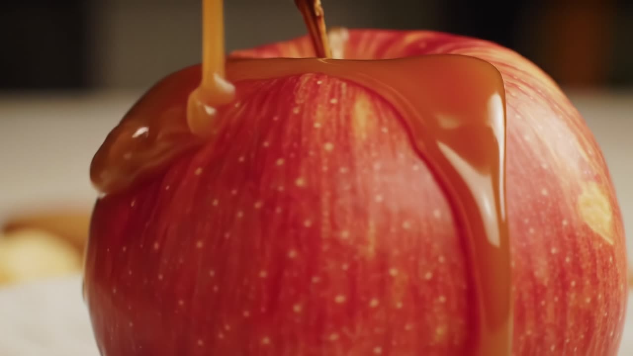 Indulgent Close-Up of a Fresh Red Apple Dripping with Rich Caramel Sauce, Showcasing a Tempting Dessert Treat Perfect for Autumn or Special Occasions