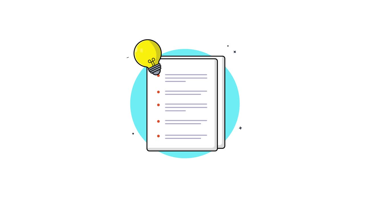 Illustrazione animata di documenti con lampadina accesa (idea)