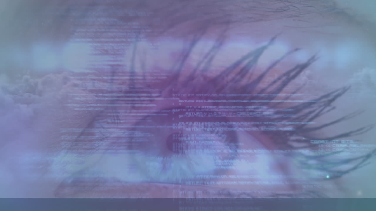 Animation of data processing over woman's eye in background