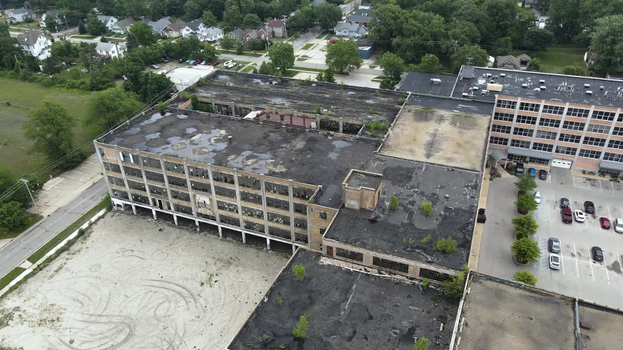 Drone motion, dolly forward over the now vacant Shaw-Walker Factory