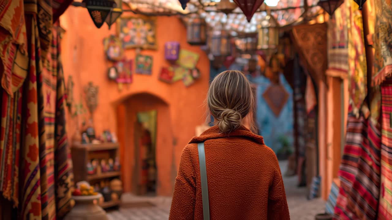 Cinematic footage of a woman exploring a vibrant traditional market alley with textiles and lanterns, walking away from camera in a warm, exotic travel setting