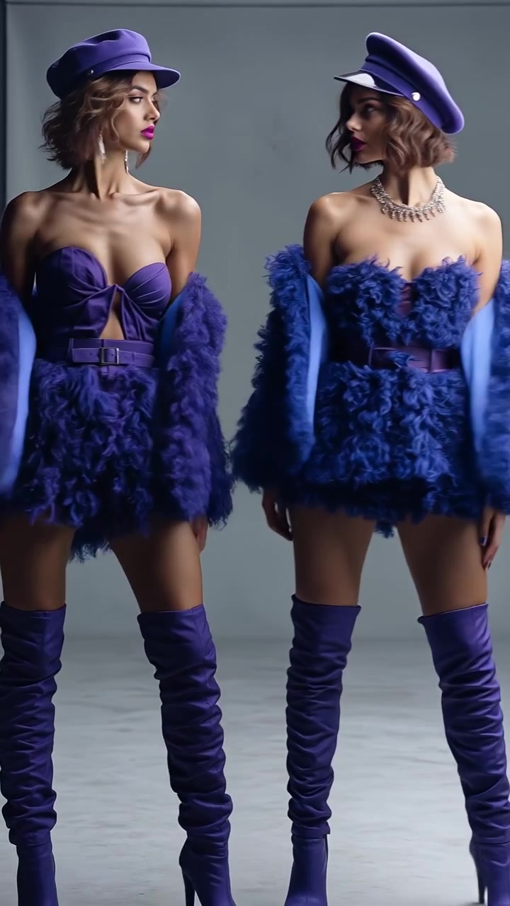 Two young women in matching purple fuzzy outfits and high boots posing together against a plain background