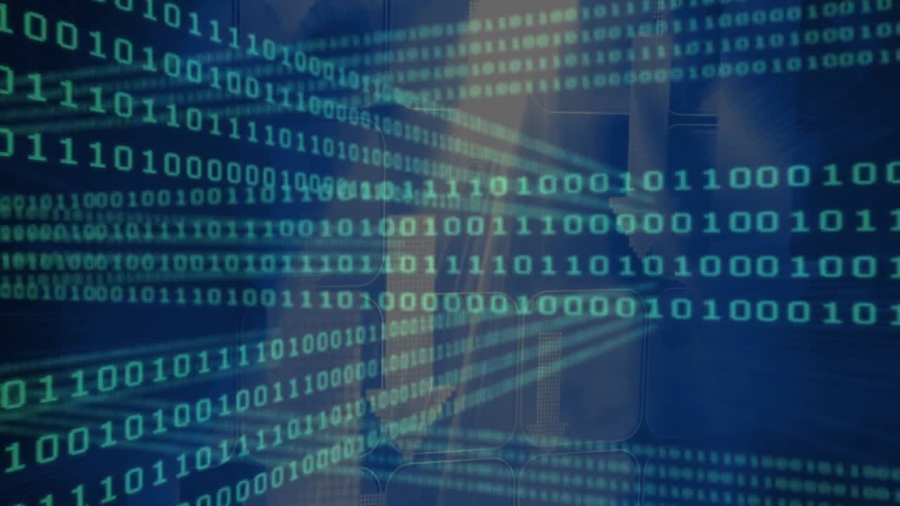 Animation of data processing and binary coding on green background