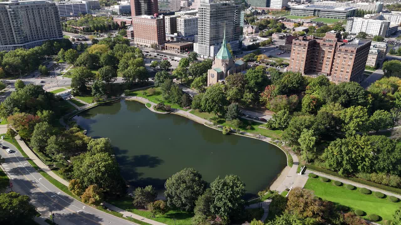 Cleveland, Ohio USA. Aerial View of United Methodist Church and Lagoon, City Suburbs on Sunny Day
