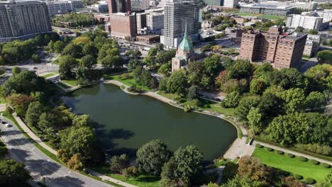 cleveland, ohio usa. aerial view of united methodist church and lagoon, city suburbs on sunny day