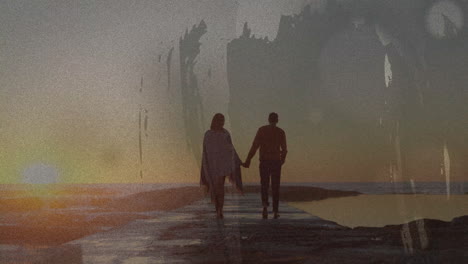 walking on pier at sunset, couple holding hands with animation overlay