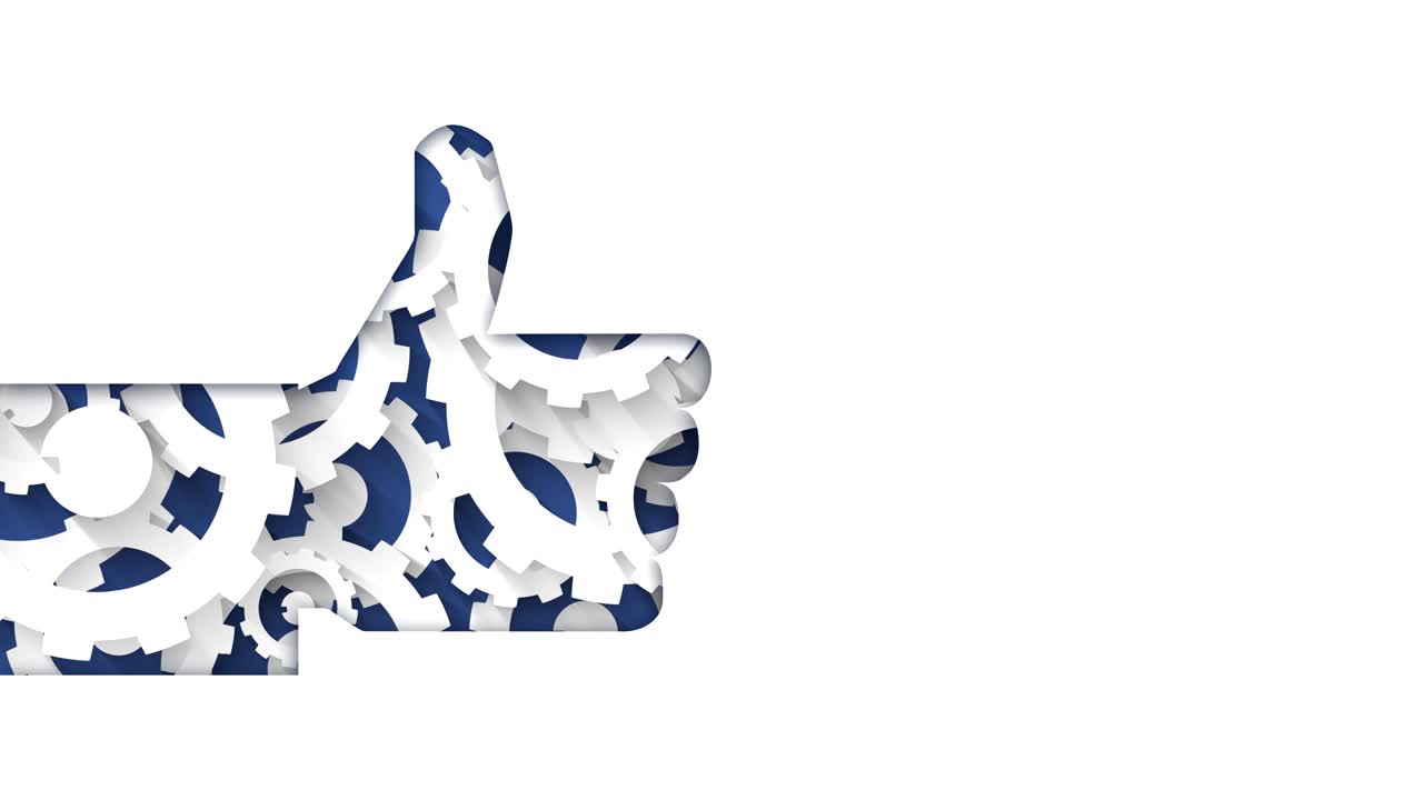 thumbs up and white gears on blue background loop animation