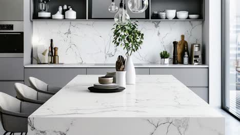 modern gray kitchen with marble countertop