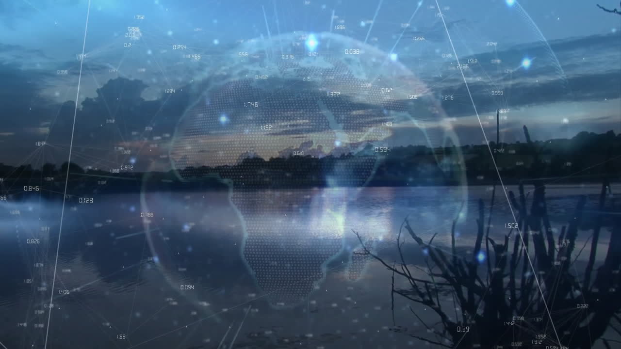 Digital globe and data points animation over serene lake landscape at dusk