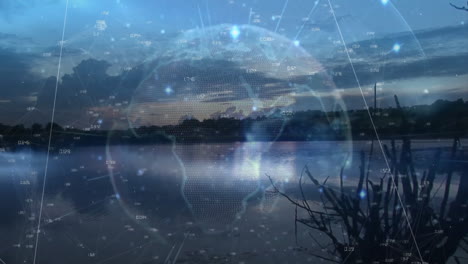 digital globe and data points animation over serene lake landscape at dusk