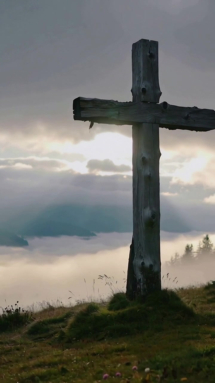 Video verticale: Fissando una croce di legno su una cima di collina mentre il sole fa capolino tra le nuvole, illuminando la nebbia.