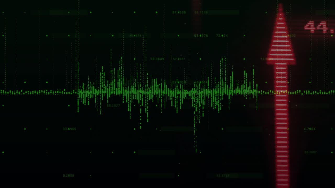 Green waveform rising on dark data dashboard, showing red arrow overlay and floating numeric labels