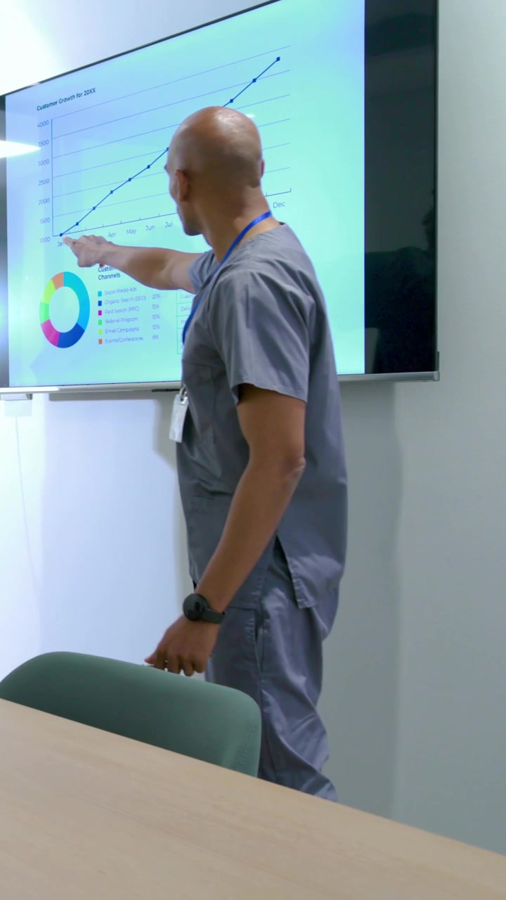 Vertical video: Checking watch, doctor in scrubs walking to screen at clinic explaining trends