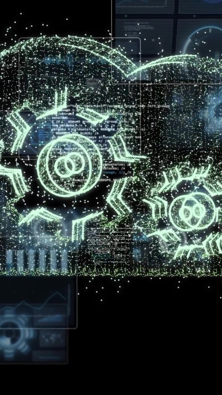 Animation of digital cloud with cogs and data processing on black background