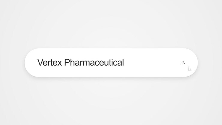 Typing Vertex Pharmaceuticals into a search field, representing online research and web browsing about the American biotechnology and pharmaceutical