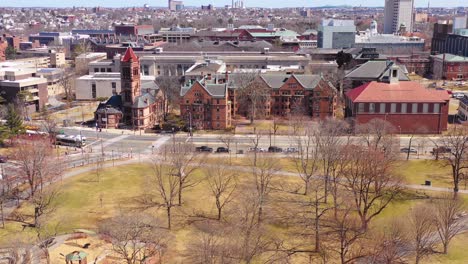 aerial over the harvard university campus and harvard law school 1