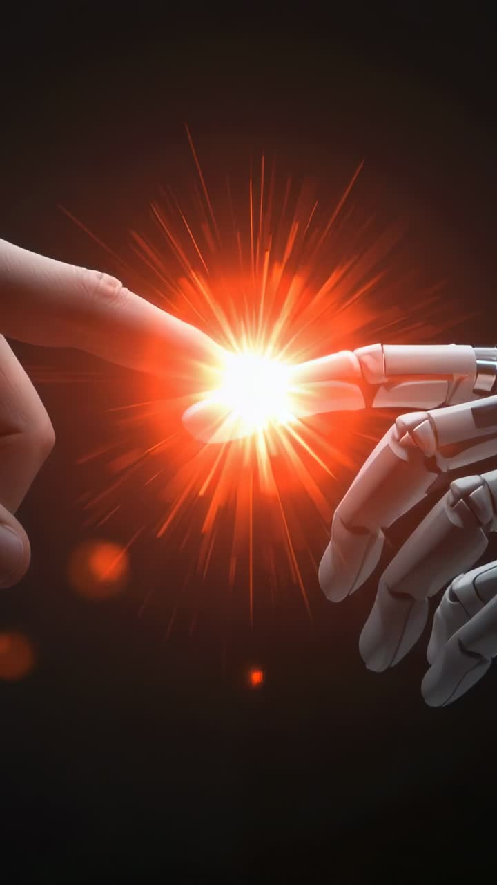 Video verticale: Polpastrelli umani e robotici che si toccano, attivando un collegamento e una sfera luminosa in uno studio buio.