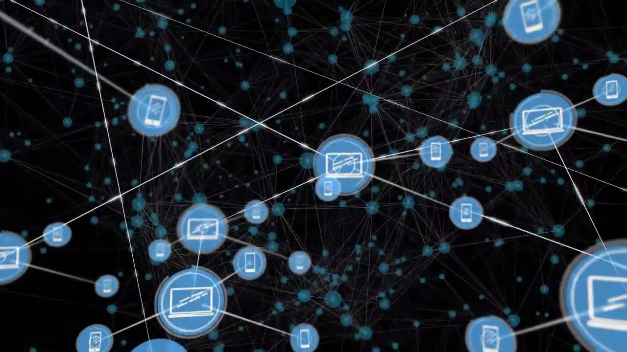 Animation of network of connections with icons over black background