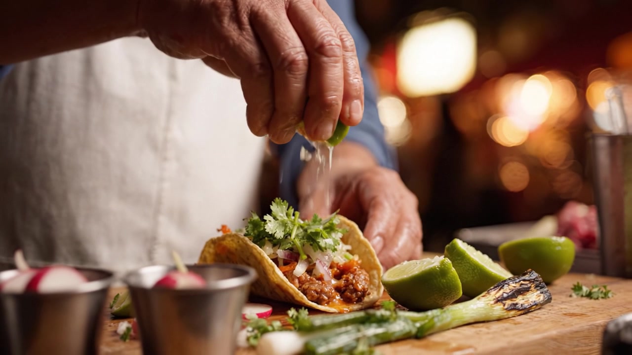 Kulinarisk kunst: Tilberedning af en smagfuld taco med friske ingredienser og garniture i en levende atmosfære, der fanger essensen af autentisk street food-kultur