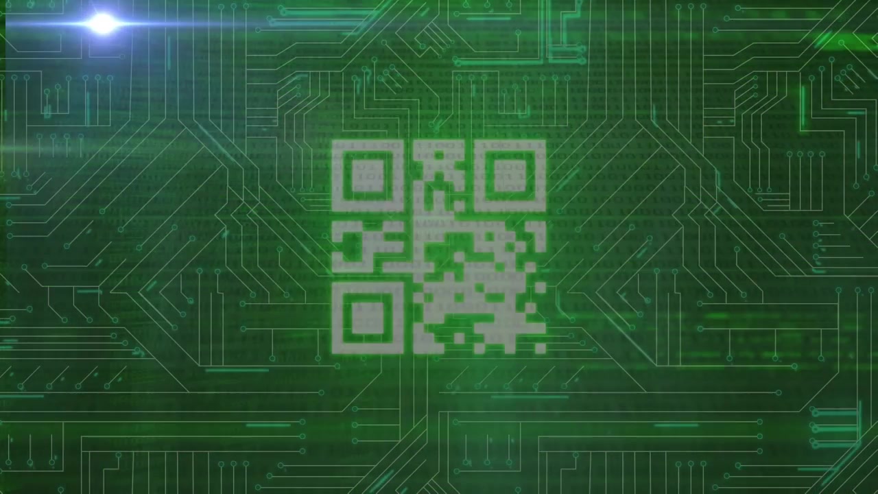 Animation of light trails and computer circuit board over qr code and data processing
