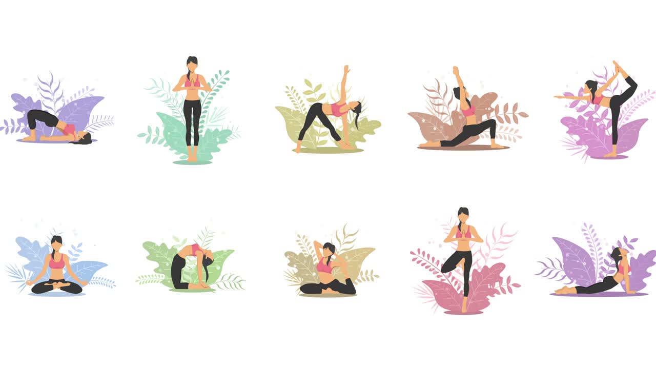 자연에서 요가 운동: 다양한 요가 자세를 보여주는 여성 만화 캐릭터 컬렉션, 다채로운 평평한 루프 애니메이션, 휴식 및 명상.