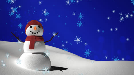 animation of falling snowflakes over snowman and winter landscape