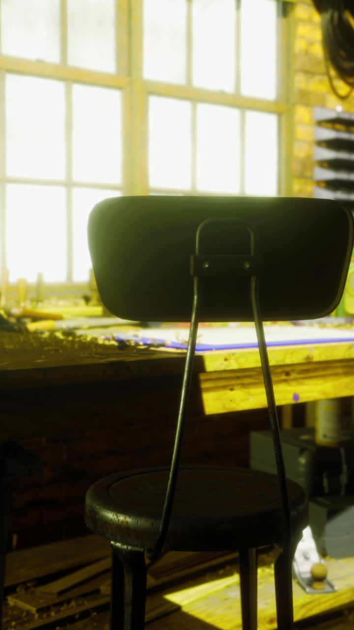 Cozy workshop with wooden desk and tools illuminated by natural light