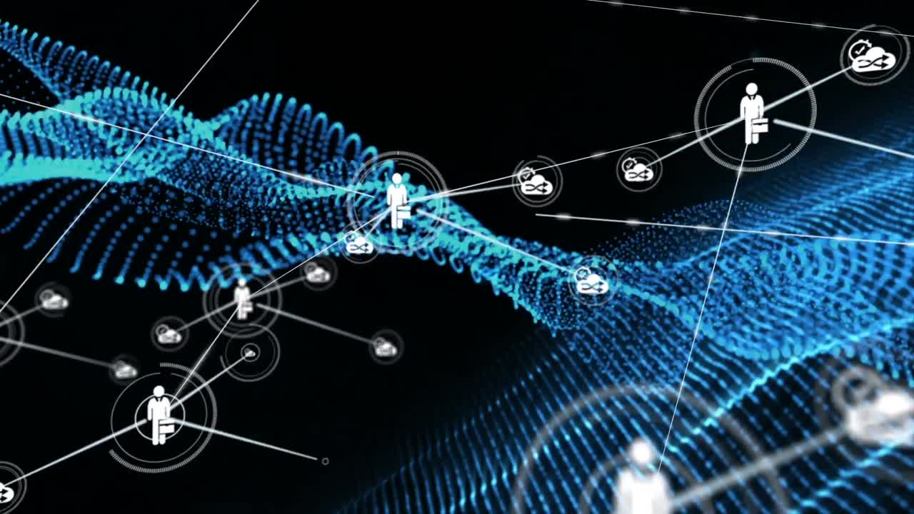 animación de la red de conexiones con iconos sobre malla azul sobre fondo negro