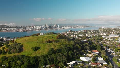 aerial shot of auckland sky tower and skyline, new zealand