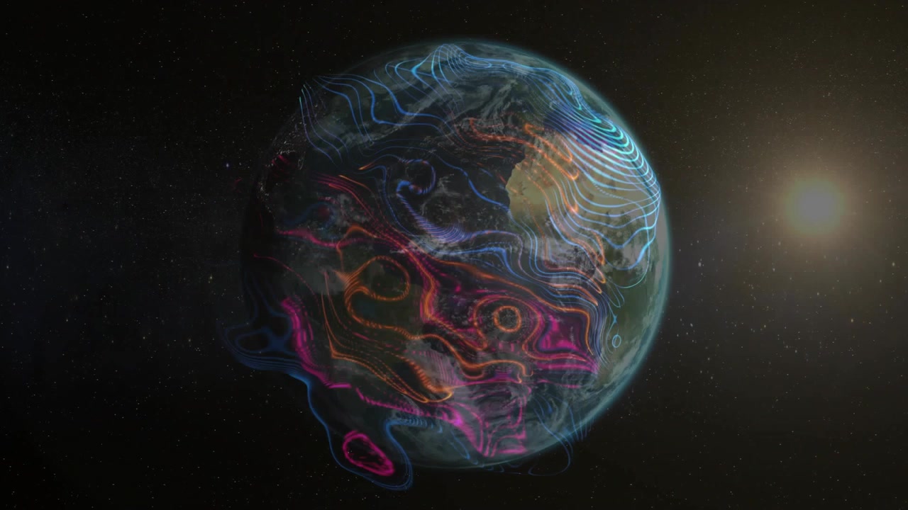 Digital Earth appearing, rotating while neon contours marching eastward, visualizing data flows