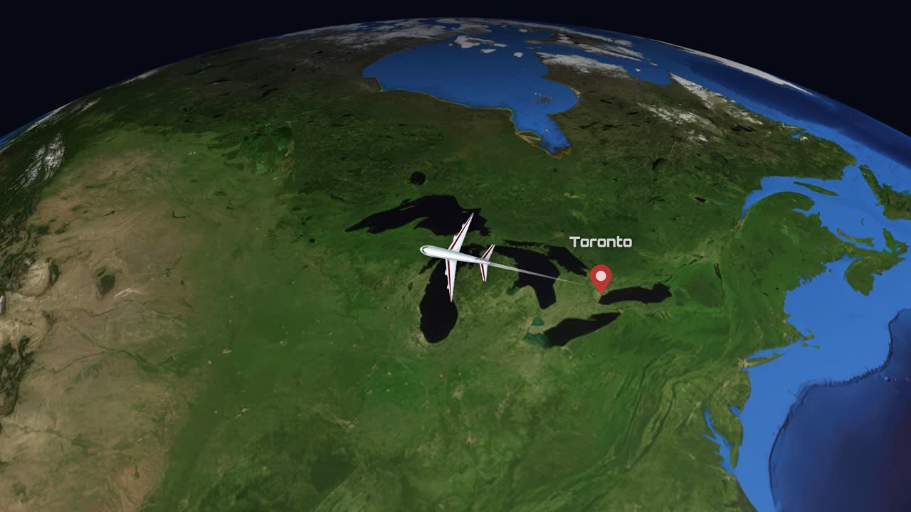 A digital animation tracks a commercial airplane flying across North America from Toronto to Seattle