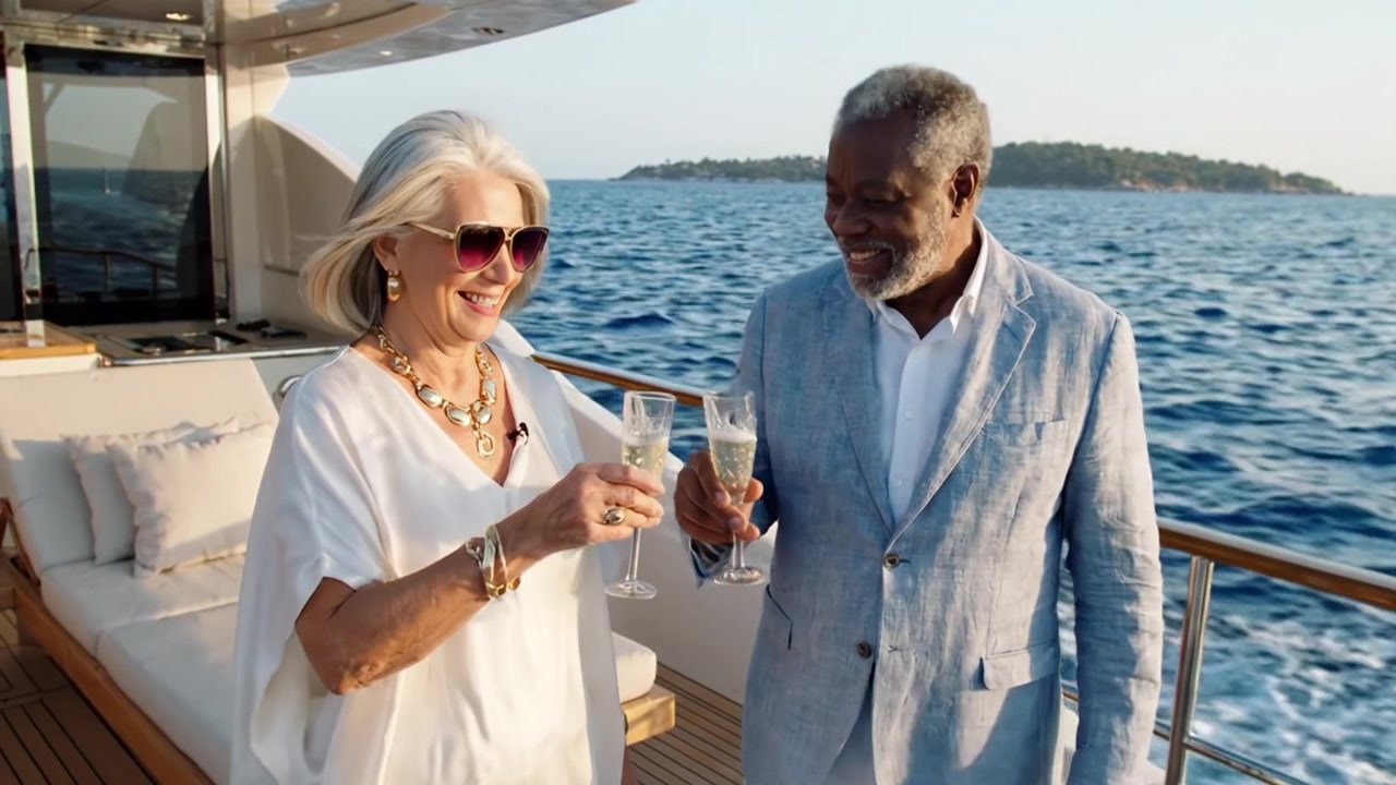 Coppia elegante che si gode un momento di relax su uno yacht di lusso, brindando con champagne contro uno splendido sfondo oceanico in un ambiente pittoresco.