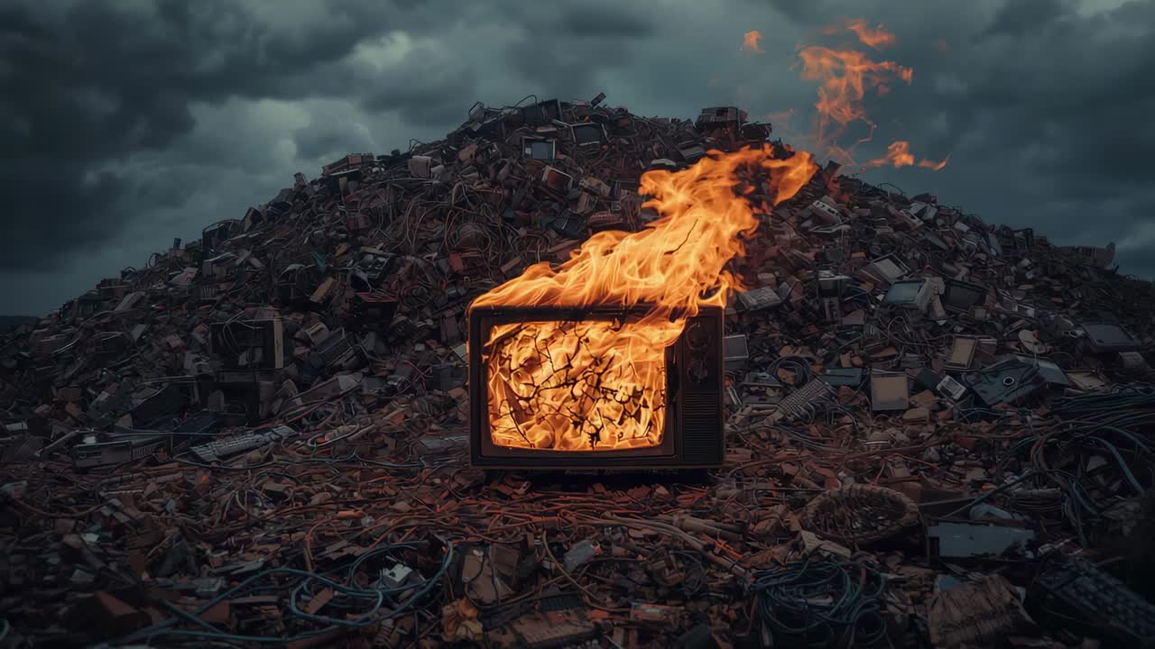 Bagliore interno che accende un televisore CRT vintage, l'apparecchio brucia sopra rifiuti elettronici sotto nuvole temporalesche.