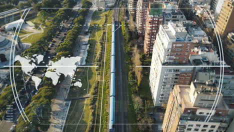 aerial tracking shot of train passing skyscraper buildings in buenos aires during sunset