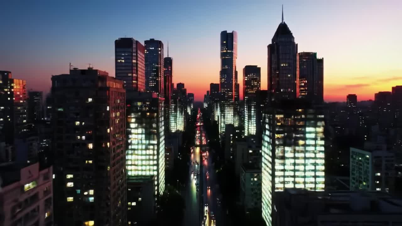 Stunning Cityscape at Sunset: A Breathtaking View of Illuminated Skyscrapers, Busy Streets, and Vibrant Colors Capturing the Essence of Urban Life During Dusk