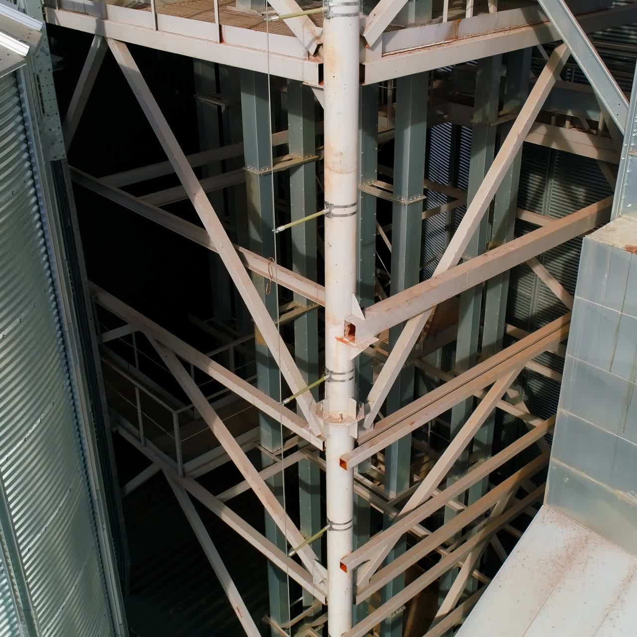 Aerial top view of Grain Elevator. Metal elevator in agriculture zone