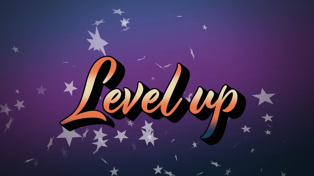 Animatie van 'level up' tekst over sterren