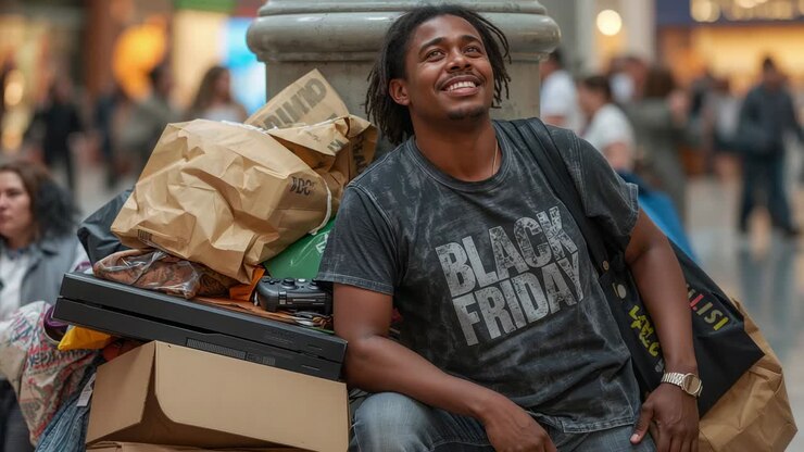 Uomo seduto con una maglietta del BLACK FRIDAY appoggiato a una colonna del centro commerciale dopo aver fatto shopping, circondato da borse della spesa