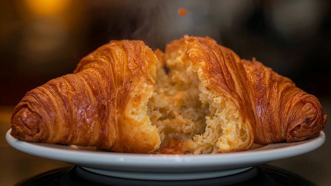 Briciole che cadono si depositano in un croissant diviso su un piatto bianco al tavolo di un caffè, riempiendo la cavità centrale.