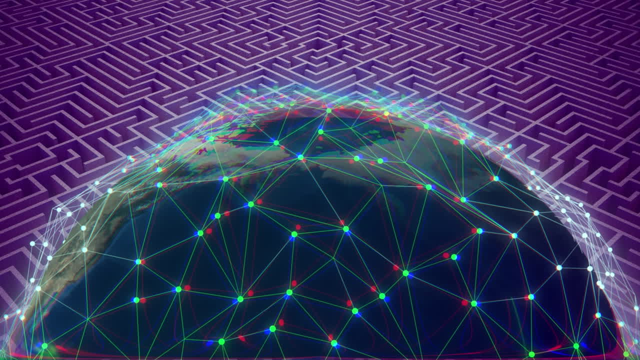 Animation of spinning globe with connections over pattern on purple background