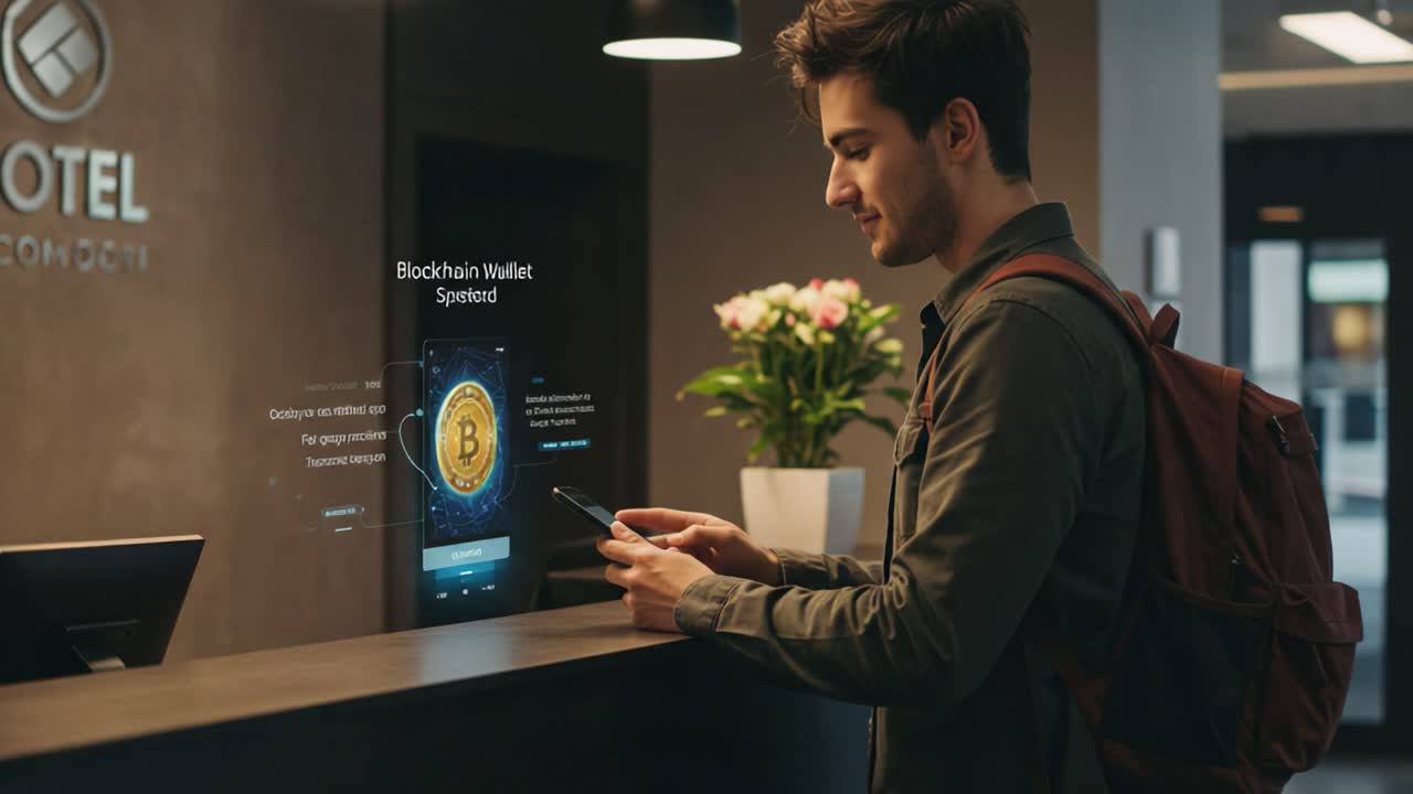 A Young Man Engaging with a High-Tech Digital Interface at a Hotel Reception, Exploring Blockchain Wallet Options for Secure Transactions