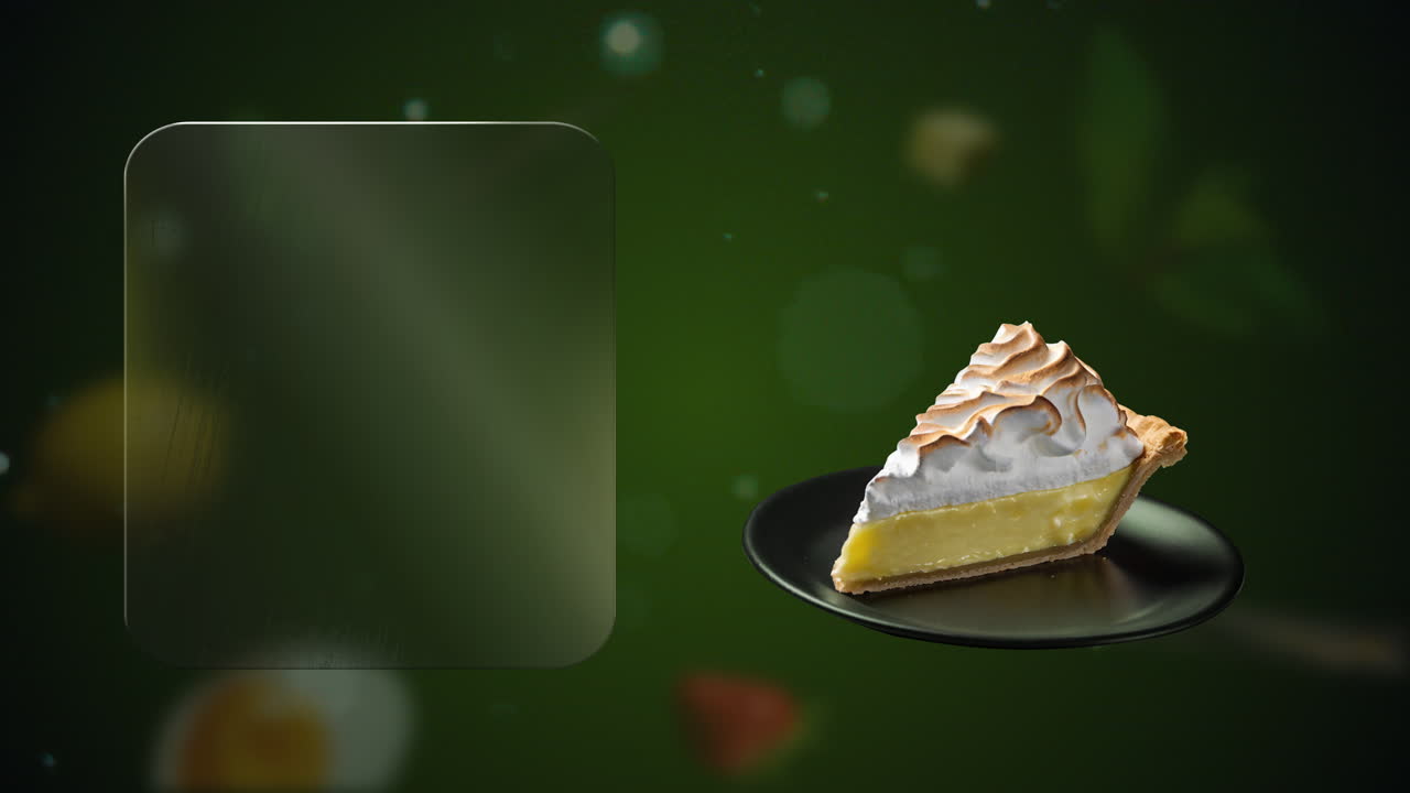 Slice Lemon Meringue Pie on dramatic background – perfect for adding daily specials on the built-in glass frame