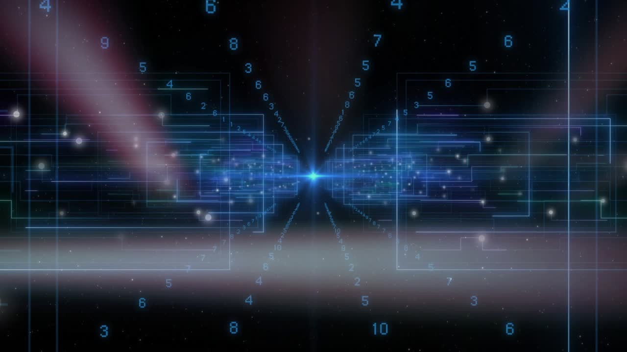 Central blue point pulsing, sending beams as digits cascading and band sweeping, showing data flow