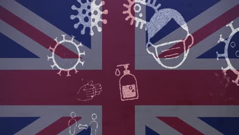 animation of covid 19 virus cells and digital icons over flag of uk