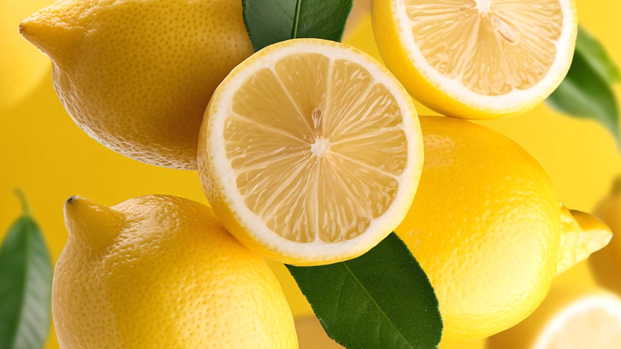 Limoni Freschi e Vivaci con Foglie Verdi su Sfondo Giallo