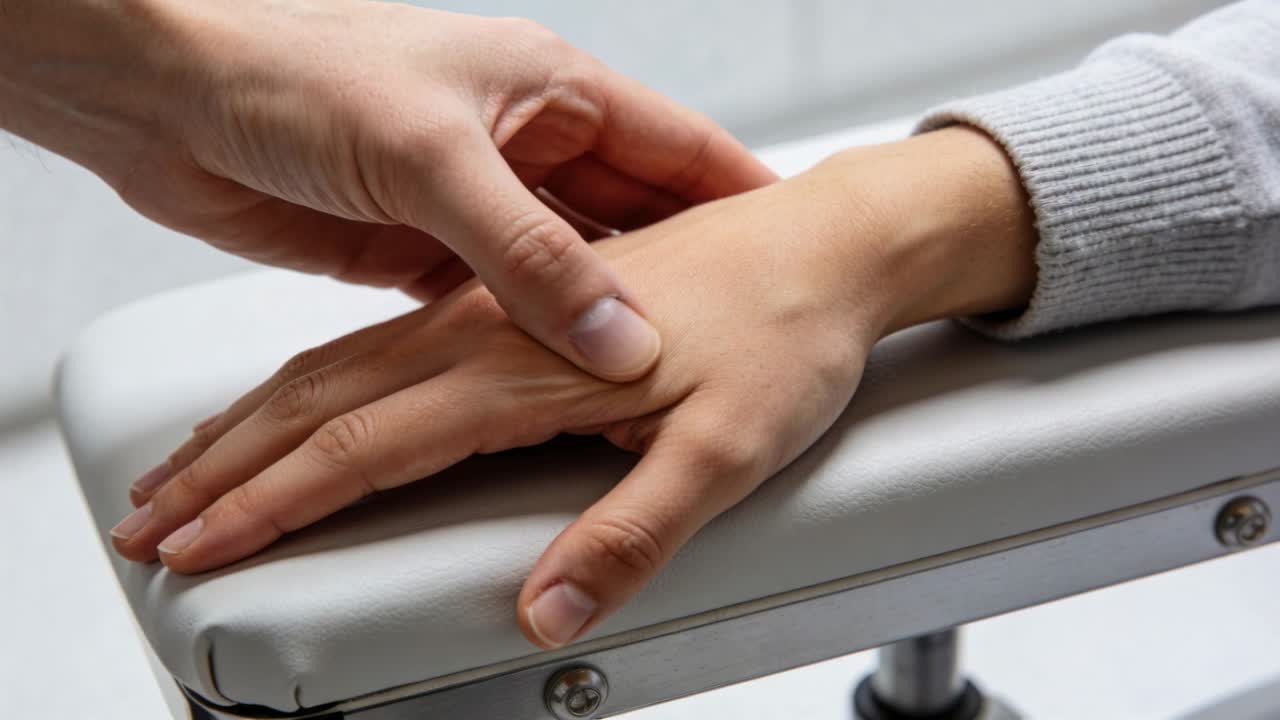 Placing thumb, clinician palpating patient's right hand on padded armrest at clinic, assessing pain