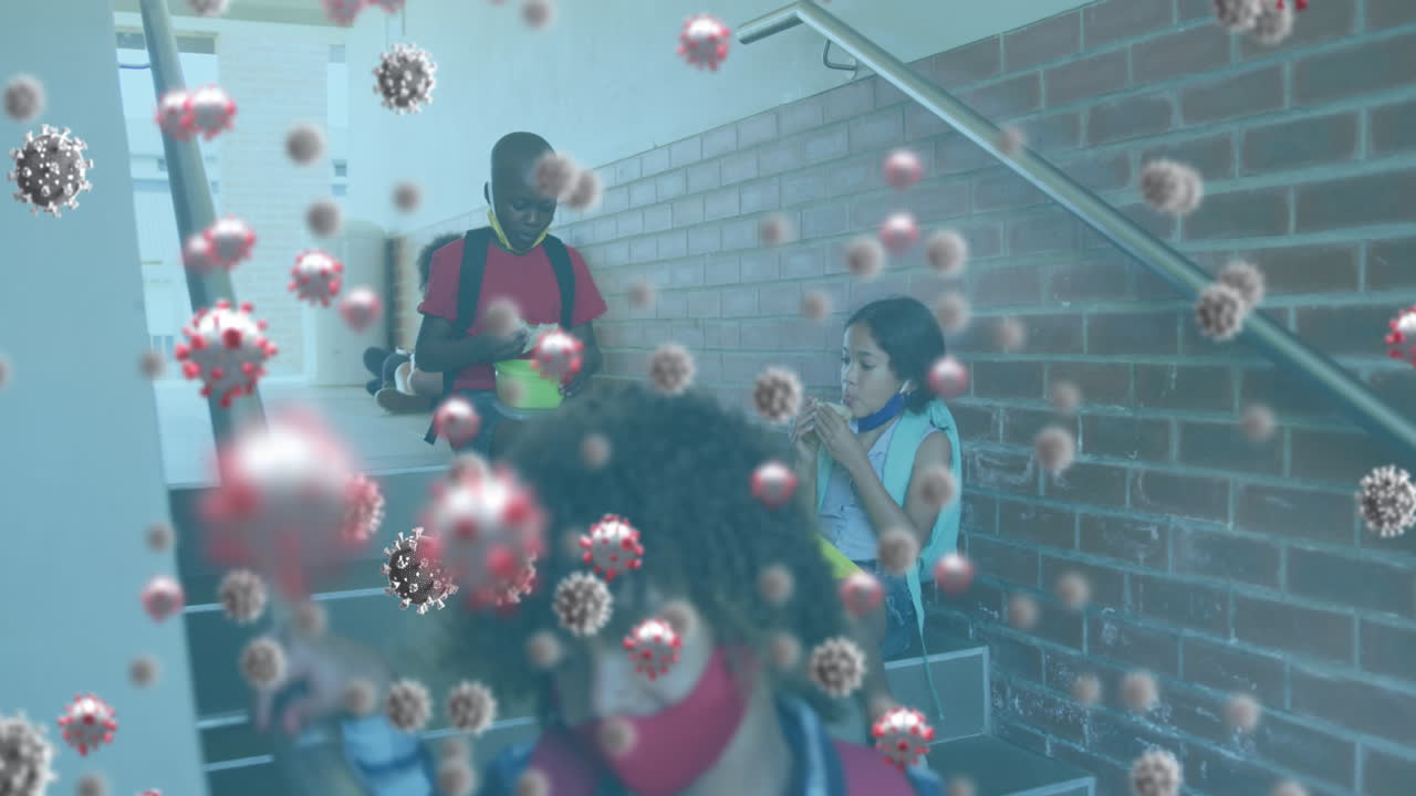 코로나 19 세포의 애니메이션과 여성 교사와 아이들이 교실에서 마스크를 쓰고 있습니다.