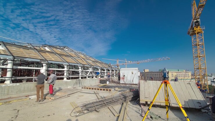 Construction worker using theodolite surveying optical instrument panoramic timelapse. Builders and carpenters in uniform working on the roof. Measuring angles in horizontal and vertical planes on construction site