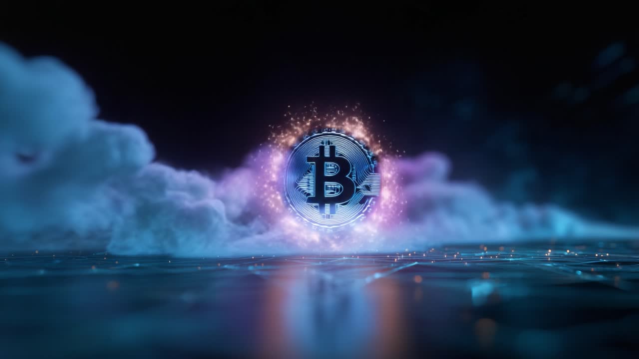 Una straordinaria rappresentazione visiva di criptovalute, con un simbolo Bitcoin luminoso che emerge da una vivace nuvola di scintille digitali ed effetti di luce
