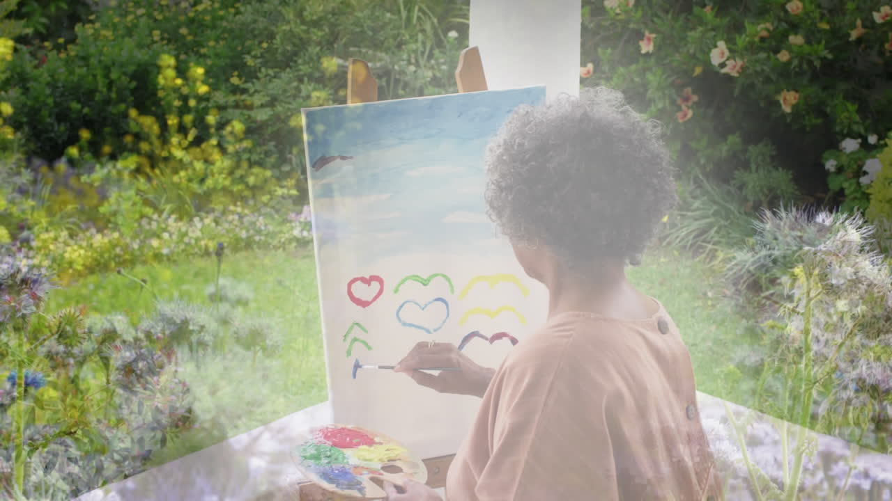 animación de luz brillante sobre la pintura de una mujer mayor en el parque